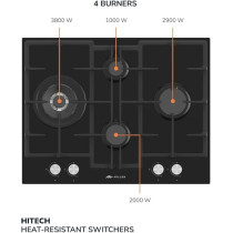 Millen 65 Cm Built In Black Glass Gas Hob With Sabaf Burners, MGHG 6502 BL