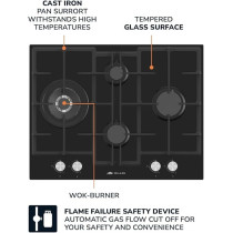 Millen 65 Cm Built In Black Glass Gas Hob With Sabaf Burners, MGHG 6502 BL