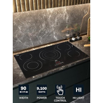 Millen 90 Cm Built-In Electric Hob 5 Heating Zones, Kanger Glass Ceramic, 9100 Watts, Hi-Light Heating Elements, Touch And Slider Control, MEH 904 BL
