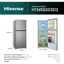 Hisense 264 Litres Gross, Top Mount Refrigerator, No Frost Technology, Big Door Balcony, LED Interior Light, Multi Air Flow, 90 Degree Door Design, Silver, HTM55203D2