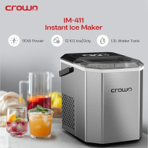 Crownline Portable Ice Maker, 12Kg/Day, 1.3L Water Tank, Transparent Lid, Ice Basket, 2 Cube Sizes (S/L), Fast Ice Production, Perfect For Home, Office And Parties, Im-411