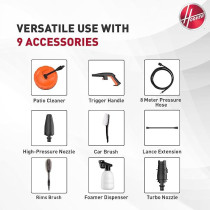 Hoover 165 Bar Electric Pressure Washer With Gun, 8M Hose, Foam Dispenser, Trigger Handle, Adjustable Nozzle, Car Brush And More, 2800W Portable Pressure Washer For Car, Home And Garden, HPW-M2816