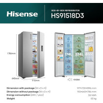 Hisense 670 Litres Side By Side Refrigerator With Water Dispenser, Inverter Compressor, No Frost Technology, Silver, HS91518D3