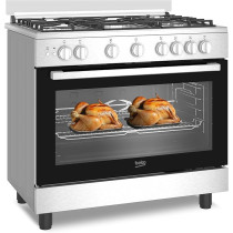 Beko 90 X 60Cm Free Standing Gas Cooker, Full Safety With 5 High Efficiency Gas Burner(1 Wok), Cast Iron Pan Support, 106 Ltrs Oven, Integrated Ignition, Stainless Steel, BGG 11125 GXU