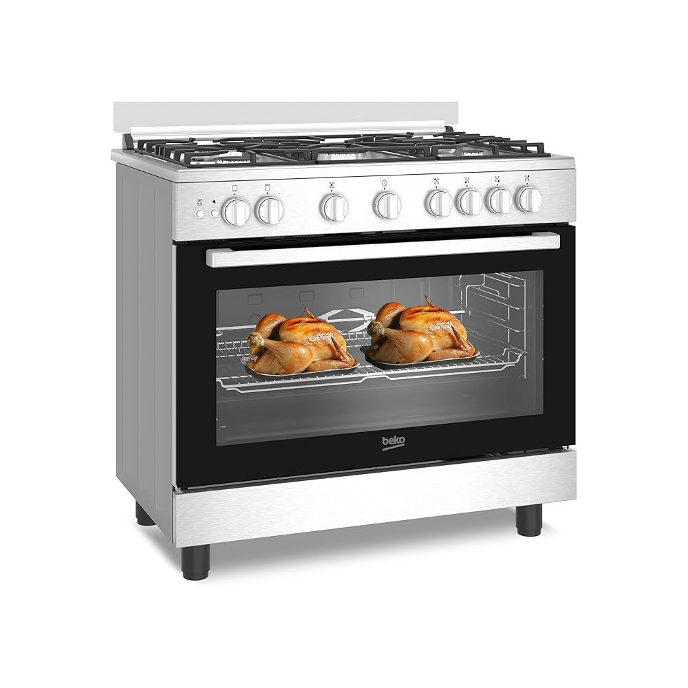 Beko 90 X 60Cm Free Standing Gas Cooker, Full Safety With 5 High Efficiency Gas Burner(1 Wok), Cast Iron Pan Support, 106 Ltrs Oven, Integrated Ignition, Stainless Steel, BGG 11125 GXU