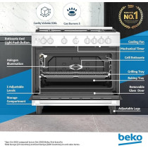 Beko 90 X 60Cm Free Standing Gas Cooker, Full Safety With 5 High Efficiency Gas Burner(1 Wok), Cast Iron Pan Support, 106 Ltrs Oven, Integrated Ignition, Stainless Steel, BGG 11125 GXU