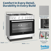Beko 90 X 60Cm Free Standing Gas Cooker, Full Safety With 5 High Efficiency Gas Burner(1 Wok), Cast Iron Pan Support, 106 Ltrs Oven, Integrated Ignition, Stainless Steel, BGG 11125 GXU