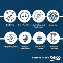 Beko 90 X 60Cm Free Standing Gas Cooker, Full Safety With 5 High Efficiency Gas Burner(1 Wok), Cast Iron Pan Support, 106 Ltrs Oven, Integrated Ignition, Stainless Steel, BGG 11125 GXU