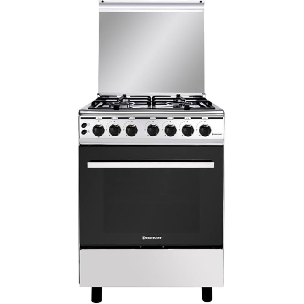 Westpoint Freestanding Full Gas Cooker 4 Burners Auto Ignition Full Safety Enamel Pan Support Stainless Steel Finish Rotisserie Grill And Oven Silver And Black, 60 x 63 x 80 Cm