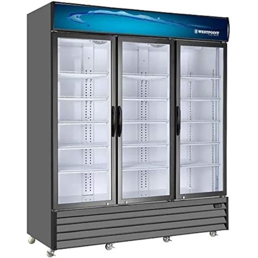 Westpoint Showcase Chiller 1800 Litre 3 Doors, No Frost, Uniform Cooling, Tempered Glass, Wire Shelves Top Canopy And Light With Wheels Metalic Hinges Lock And Key, Spacious, Black, WPSN-18017RT3