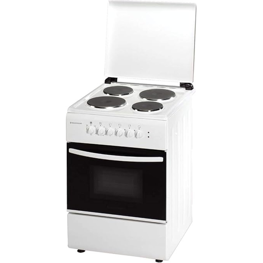 Westpoint Freestanding Electric Cooker With 4 Burner And Electric Oven, Double Glass Door, Thermostat, Oven Tray And Grid, Grill Function, White