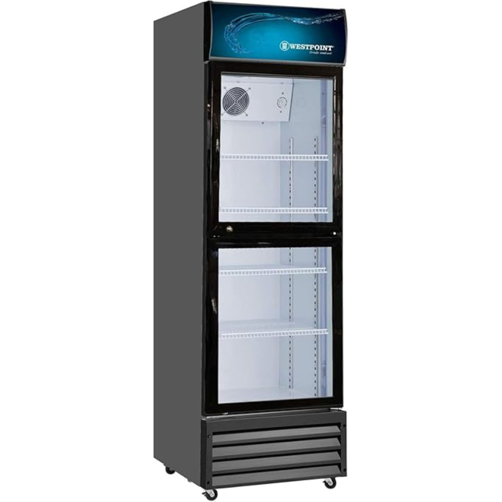 Westpoint Showcase Chiller 405 Litre, Double Door, No Frost, Self Closing Doors, Tempered Glass, Wire Shelves, Top Canopy And Light With Wheels, Lock And Key For Grocery Home/Office/Restaurant, WPSN-4017T2
