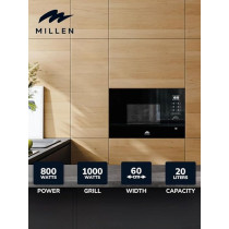 Millen Microwave Oven, 20L, Glass Finish, Touchscreen And Knob Controls, 800W Microwave Power, 1000W Grill Power, 8 Automatic Programs, MBW 381 BL