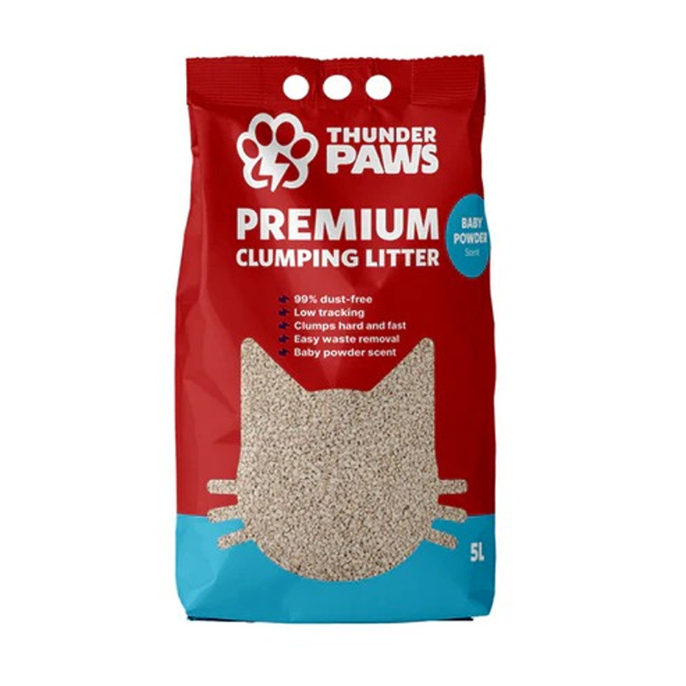Thunder Paws 5L Premium Hard Clumping Clay Cat Litter, Baby Powder