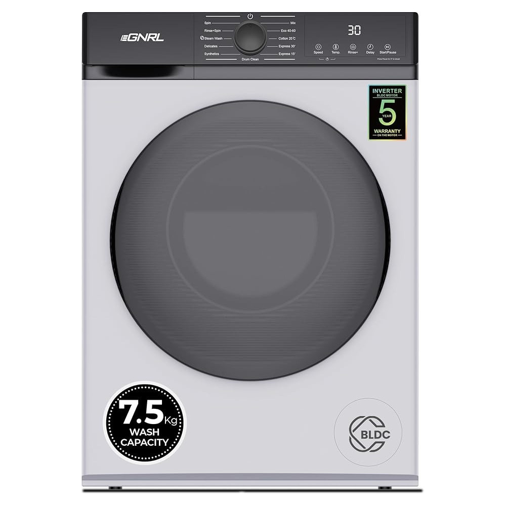 Egnrl 7.5KG Front Load Washing Machine With Inverter BLDC Motor 1200 RPM, 12 Programs, EGWMFL800, Black/White