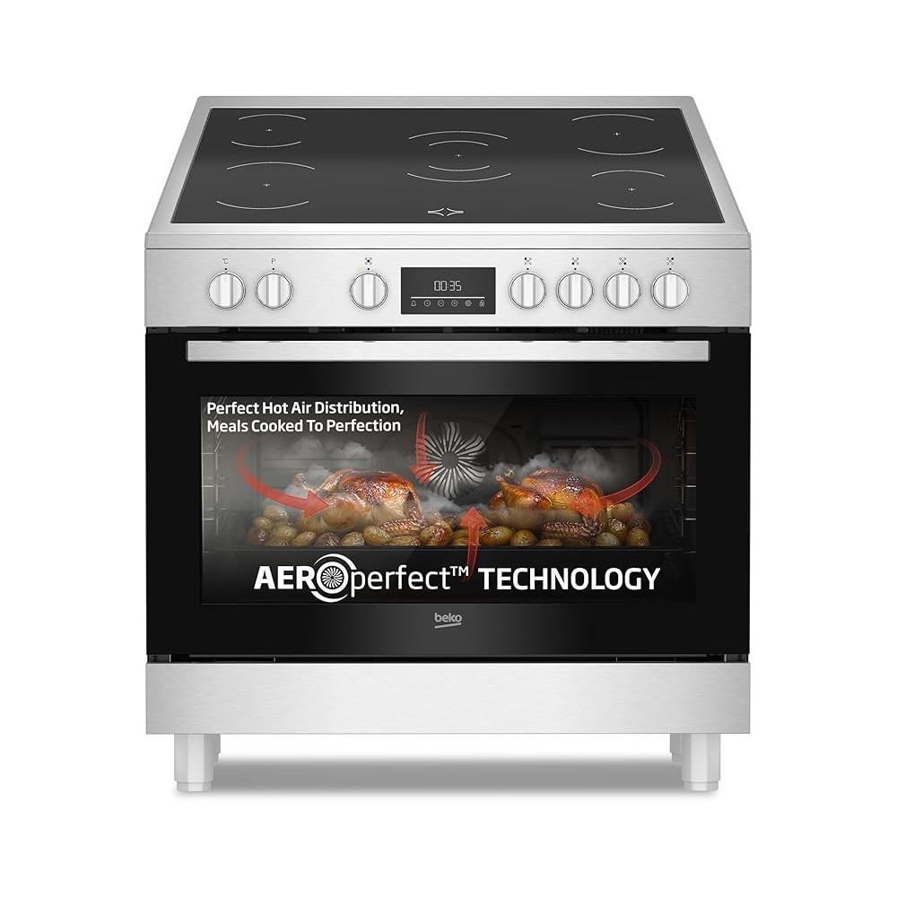 Beko 90 x 60 Cm Freestanding Ceramic Electric Cooker With 5 Zones, 8 Cooking Function Oven, 111 Liters Oven Capacity, A+ Energy Rating, LED Touch Display, Steamshine Cleaning, Stainless Steel, BGM30203EX