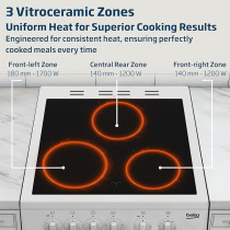 Beko 50 x 50 Cm Freestanding Ceramic Electric Cooker With 3 Zones, 4 Cooking Function Oven, A+ Energy Rating, Steam Shine Cleaning, Halogen Illumination, White Colour, CSS48100GW