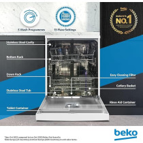 Beko Freestanding Dishwasher 13 Place Settings, 5 Programs, 2 Racks, A++ Energy Rating, Quiet Operation, DVN05320W, White