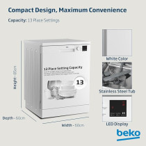 Beko Freestanding Dishwasher 13 Place Settings, 5 Programs, 2 Racks, A++ Energy Rating, Quiet Operation, DVN05320W, White