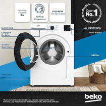 Beko 8 Kg Front Load Washing Machine, 1400 RPM, 15 Programme, Low Noise, Quick Wash, White