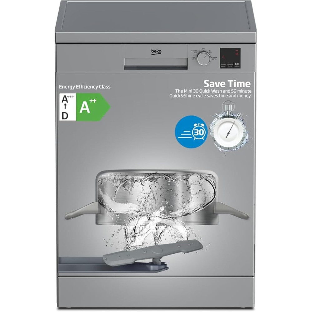 Beko Freestanding Dishwasher 13 Place Settings, 4 Programs, 2 Racks, A++ Energy Rating, Quiet Operation, DVN04X20S, Silver