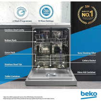 Beko Freestanding Dishwasher 13 Place Settings, 4 Programs, 2 Racks, A++ Energy Rating, Quiet Operation, DVN04X20S, Silver
