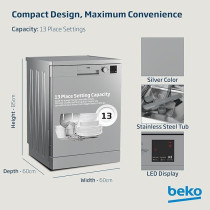 Beko Freestanding Dishwasher 13 Place Settings, 4 Programs, 2 Racks, A++ Energy Rating, Quiet Operation, DVN04X20S, Silver