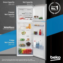 Beko Refrigerator 350 Liters Gross Top Mount Double Door, Silver Colour, NeoFrost Dual Cooling, Low Noise, Harvest Fresh, RDNE350K30XBN