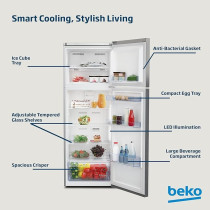 Beko Refrigerator 350 Liters Gross Top Mount Double Door, Silver Colour, NeoFrost Dual Cooling, Low Noise, Harvest Fresh, RDNE350K30XBN
