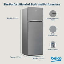 Beko Refrigerator 350 Liters Gross Top Mount Double Door, Silver Colour, NeoFrost Dual Cooling, Low Noise, Harvest Fresh, RDNE350K30XBN