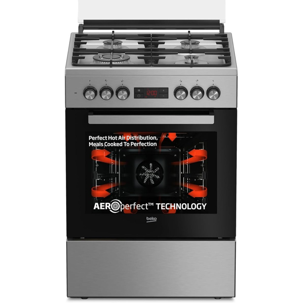 Beko 60 x 60 Cm Free Standing Combination Cooker Full Safety With 4 High Efficiency Gas Burner, FSM61330DXDSL, Silver/Black