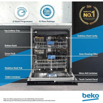 Beko Freestanding Dishwasher 15 Place Settings, 8 Programs, 3 Racks, A++ Energy Rating, Quiet Operation, BDEN38523XQ, Silver