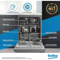 Beko Freestanding Dishwasher 14 Place Settings, 6 Programs, 2 Racks, A++ Energy Rating, Quiet Operation, BDFN36422SQ, Silver