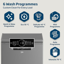 Beko Freestanding Dishwasher 14 Place Settings, 6 Programs, 2 Racks, A++ Energy Rating, Quiet Operation, BDFN36422SQ, Silver