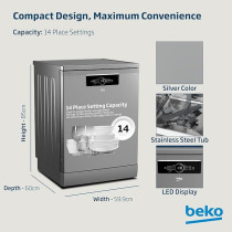 Beko Freestanding Dishwasher 14 Place Settings, 6 Programs, 2 Racks, A++ Energy Rating, Quiet Operation, BDFN36422SQ, Silver