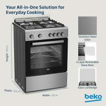 Beko 60 x 60 Cm Free Standing Gas Cooker, Full Safety With 4 High Efficiency Gas Burner, FSHT61121DXL