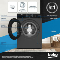 Beko 8 Kg Front Load Washing Machine, 1400 RPM, 15 Programmes, Low Noise, Quick Wash, Grey, WTV814UNXA