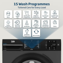 Beko 8 Kg Front Load Washing Machine, 1400 RPM, 15 Programmes, Low Noise, Quick Wash, Grey, WTV814UNXA