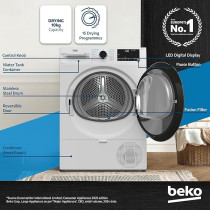 Beko 10 Kg Heat Pump Condenser Tumble Dryer With 15 Programmes, A++ Energy Efficiency Class, Iron Finsh Technology, DHP10W, White