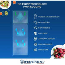 Westpoint 350 Ltr Double Door Refrigerator With No Frost Fridge Freezer,Fresh Zone Compartment,Egg Rack Twister For Ice Built In Condenser, Silver, WNN-3523ERI