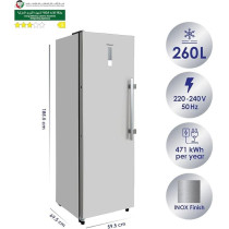 Super General Frost Free Upright Freezer 400 Liter Gross Volume, Inox, Deep-Freezer With 8 Compartments, LED Display, SGUF-401-NFPD