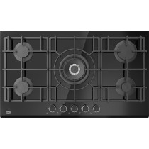 Beko 90 Cm Built In Gas Hob With 5 High Efficiency Gas Burner, Full Safety, Cast-Iron Pan Support, Integrated Ignition, Black Glass, HISW95225SEL