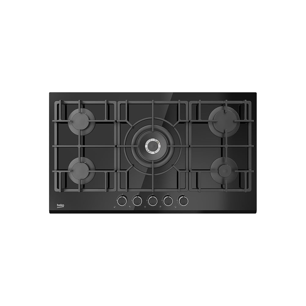 Beko 90 Cm Built In Gas Hob With 5 High Efficiency Gas Burner, Full Safety, Cast-Iron Pan Support, Integrated Ignition, Black Glass, HISW95225SEL
