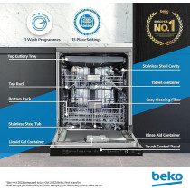 Beko Freestanding Dishwasher 15 Place Settings, 11 Programs, 3 Racks, A++ Energy Rating, Quiet Operation, Manhattan Grey, BDEN38533GC