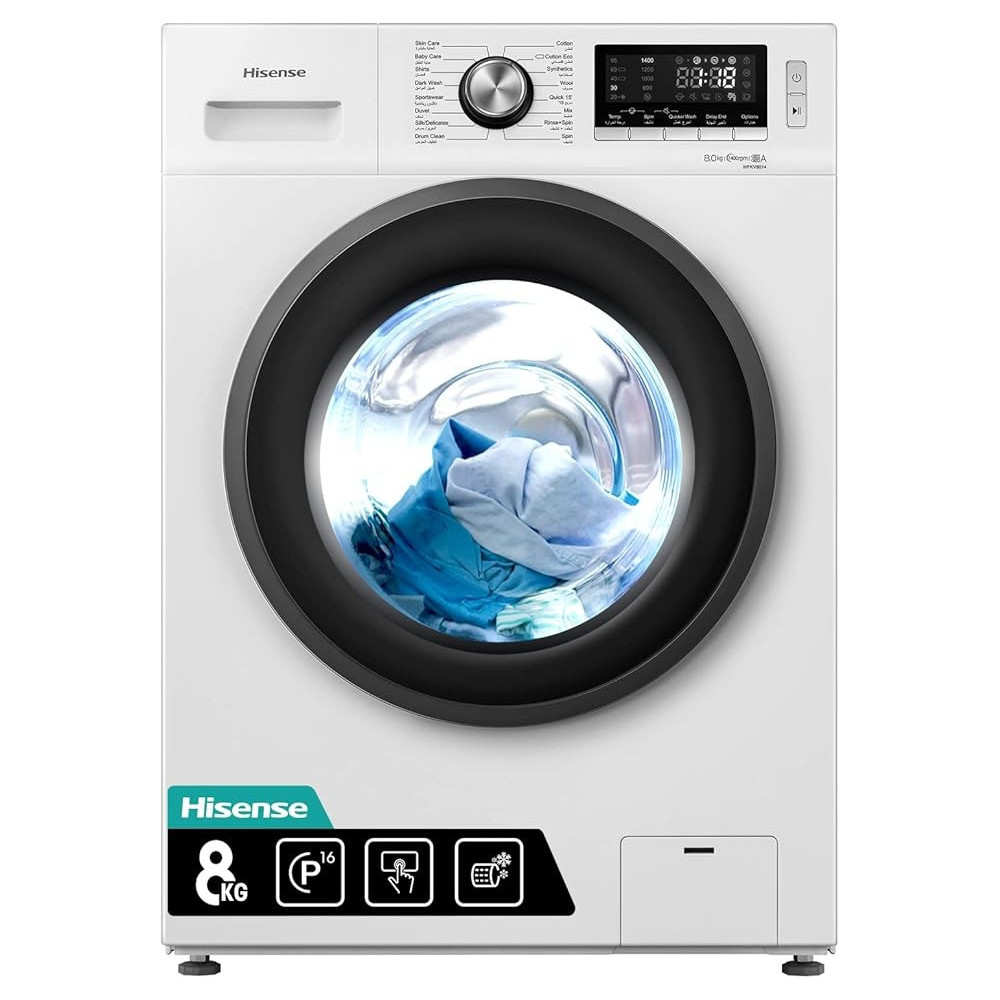 Hisense Freestanding 8 Kg Front Load Washing Machine-16 Automatic Programs Big LED Control Display Drum Clean 1400 RPM, White, WFKV8014