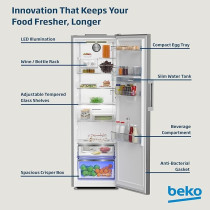 Beko Upright Refrigerator 447 Liters Single Door Titanium Inox Colour, RLNE500DX