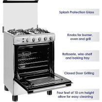 Super General Freestanding Gas-Cooker 4-Burner Full-Safety, Stainless-Steel Cooker, Gas Oven With Rotisserie, Thermostat, Auto-Ignition, Silver, SGC-601-FS