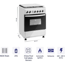 Super General Freestanding Gas-Cooker 4-Burner Full-Safety, Stainless-Steel Cooker, Gas Oven With Rotisserie, Automatic Ignition, Silver, 60 x 60 x 85 Cm, SGC-6470-MSFS