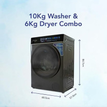 Super General 10Kg Washer And 6Kg Dryer Combo Front Load Washing Machine, 1400 RPM, Invertor Motor, 20 Wash Programs, Auto Dose, Child Lock, Black, SGW10650CMBDDS