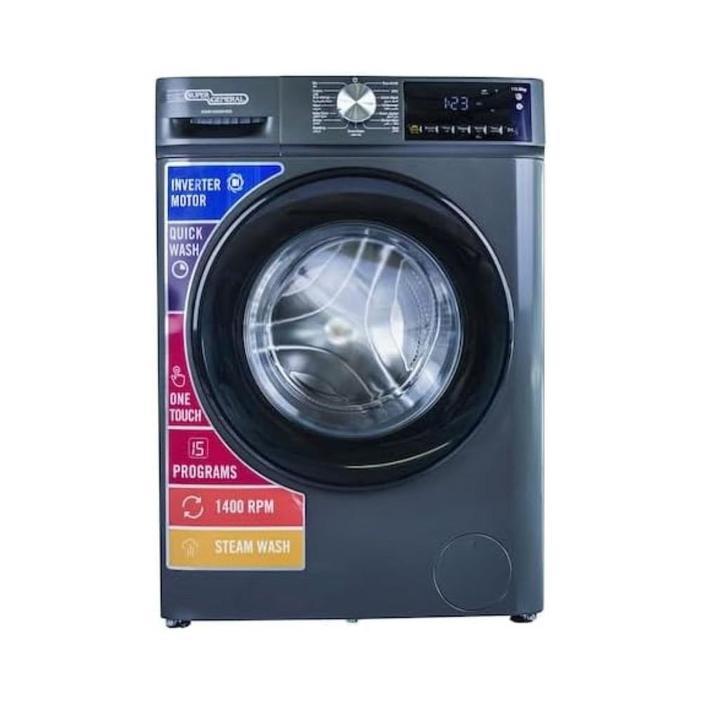 Super General 10 Kg Front Load Washing Machine, LED Display, 15 Wash Programs, 1400 RPM, Child Lock, One-Touch Wash, SGW10450HDS
